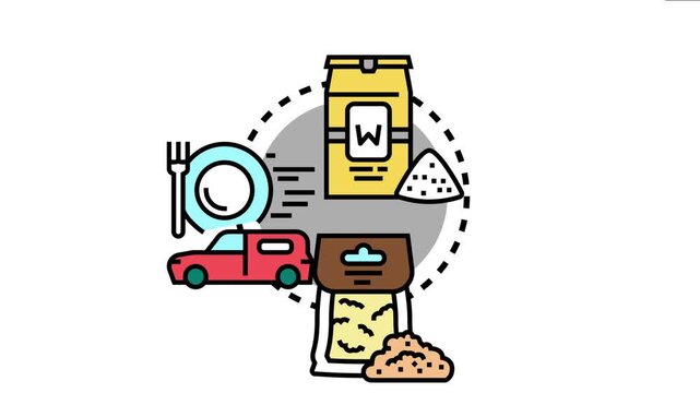 Baked bread delivery concept showing ingredients like flour and sugar, a packed bag of baked goods, a plate with cutlery, and a car representing transportation