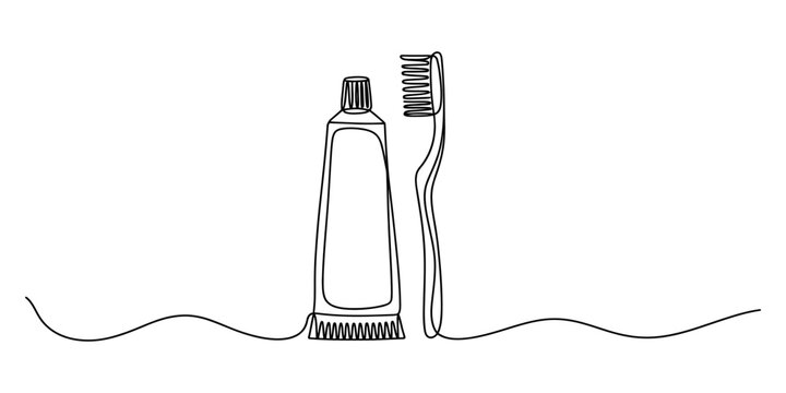 Continuous line drawing of a toothpaste tube and a toothbrush for dental care