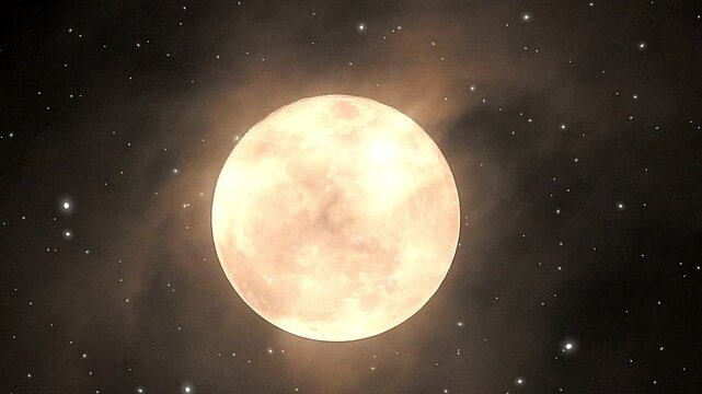 Full moon shines brightly amid stars and nebulae in deep outer space.