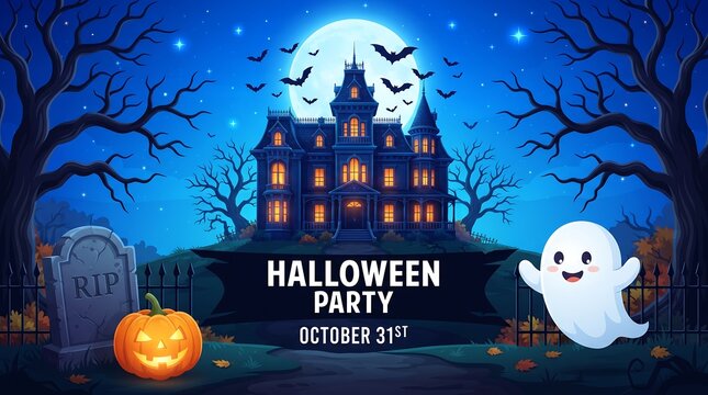 Spooky halloween party flyer with haunted house cute cartoon ghost and carved pumpkin