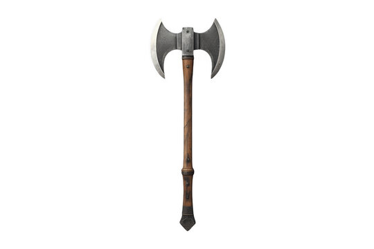 Double-headed battle axe with wooden handle, transparent background