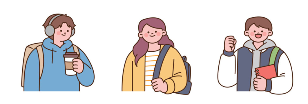 Editable college student character illustrations featuring campus life, backpack, coffee, headphones and study essentials for education projects.
