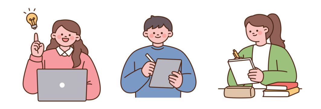 Editable college student character illustrations featuring laptop study, tablet note taking, writing and creative learning for education projects.