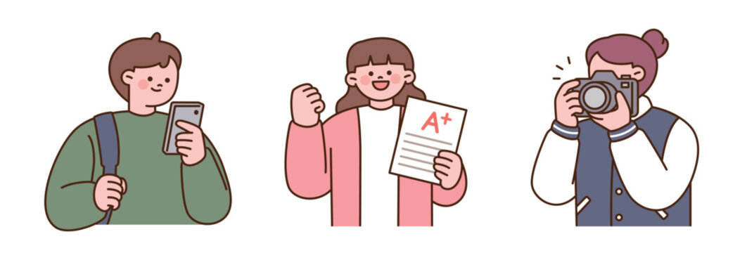 College students using a smartphone, celebrating an excellent grade, and taking photos in a simple outlined illustration style.
