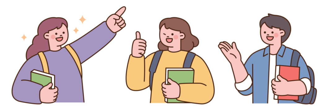 Cheerful college students holding books and backpacks, giving thumbs up, pointing and waving in a simple outlined illustration style.