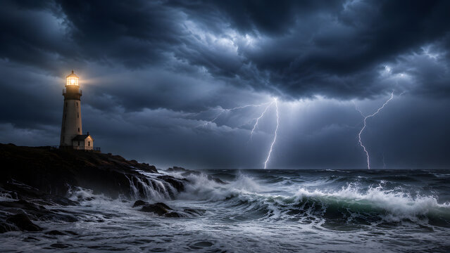 Lightning Storm and Rough Waves Around Coastal Lighthouse