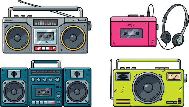 Retro Audio Equipment Vector Set Featuring Vintage Boombox Radio Cassette Player Walkman and Headphones for Nineties Music Nostalgia Graphic Designs