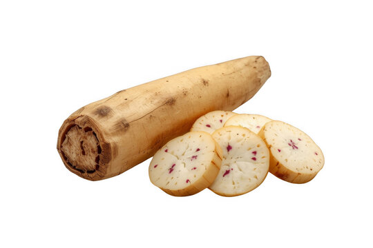 Fresh dioscorea alata yam root and slices