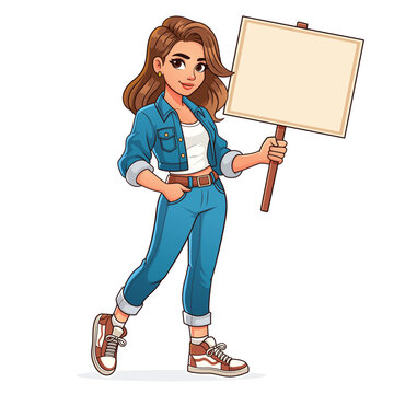 Cartoon Brunette Woman Holding Blank Placard Sign Vector Illustration