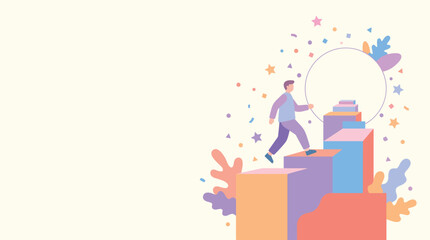 Fototapeta premium Animated figure ascending a staircase of books toward a colorful arch, symbolizing learning, growth, and personal achievement.