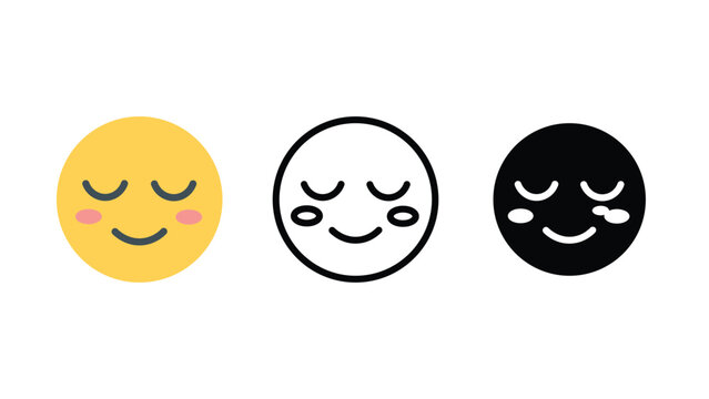 Calm relaxed face emoji emotion icon set outline silhouette and color vector isolated on white background