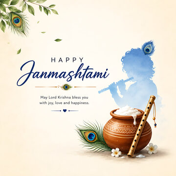 Happy janmashtami greeting card with lord krishna silhouette, flute and butter