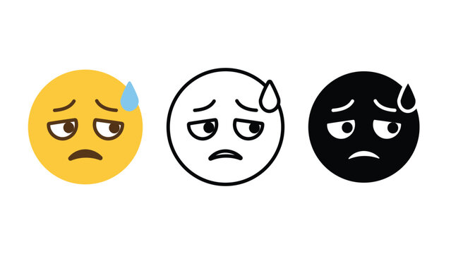 Sad, worried face emoji emotion icon set outline silhouette and color vector isolated on white background