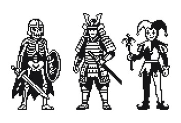 Fototapeta premium Skeleton Warrior Samurai and Jester Black and White Pixel Art Vector Character Set