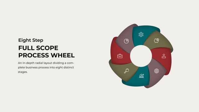 Business infographic of an eight segment pinwheel process wheel.