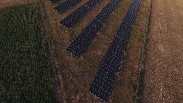 Drone view of wind turbines and rows of solar panels surrounded by agricultural fields under a clear blue sky.