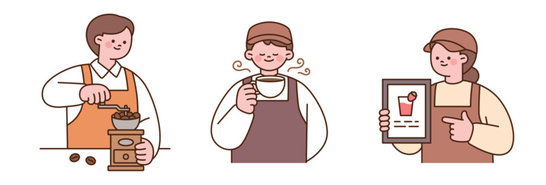 Cute flat vector barista illustrations grinding beans, enjoying coffee and recommending drinks. Hand-drawn editable clipart for cafes.
