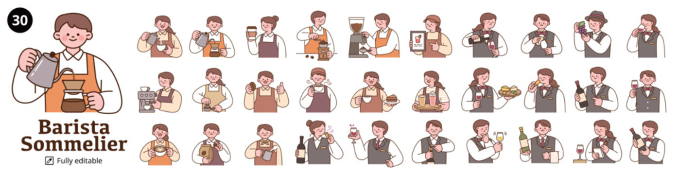 30 editable barista and sommelier character illustrations featuring coffee brewing, latte art, wine tasting, caf&eacute; service and beverage preparation.
