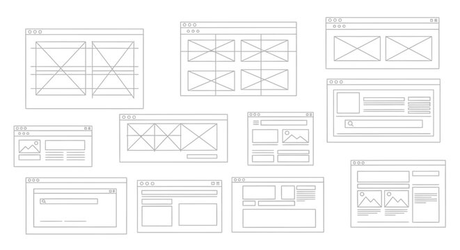 Collection of website wireframes and ui layouts for digital design with displays set browser window wireframes