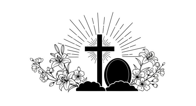 Easter cross with black white illustration cross cross tomb flowers flowers sun rays christianity resurrection decoration religion symbol with Lilies