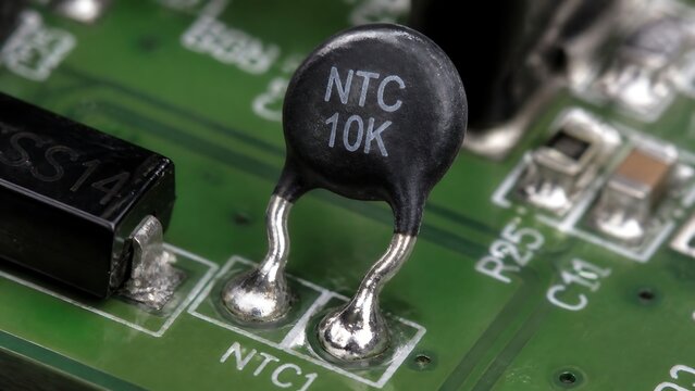 Close-up macro shot of NTC thermistor electronic component soldered onto a green printed circuit board