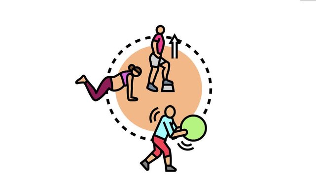 People exercising and performing various activities including step up, push up, and using an exercise ball, the concept of integrating fitness into daily life