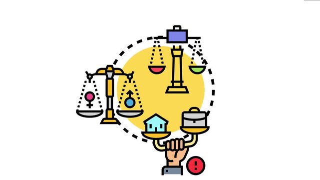 Graphic conceptualizing balanced assessments, showing scales evaluating gender equality, work life balance, and property value
