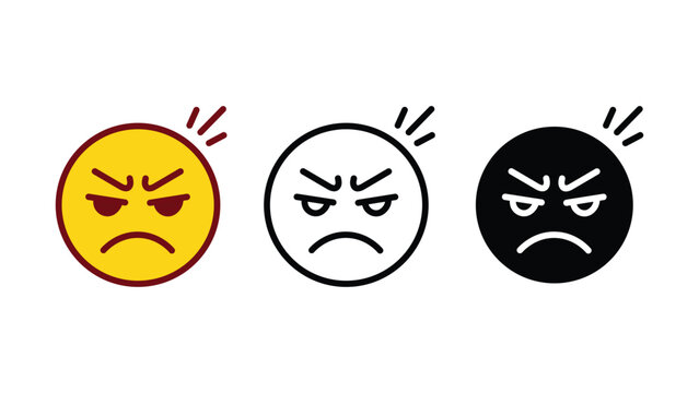 Angry face emoji emotion icon set outline silhouette and color vector isolated on white background