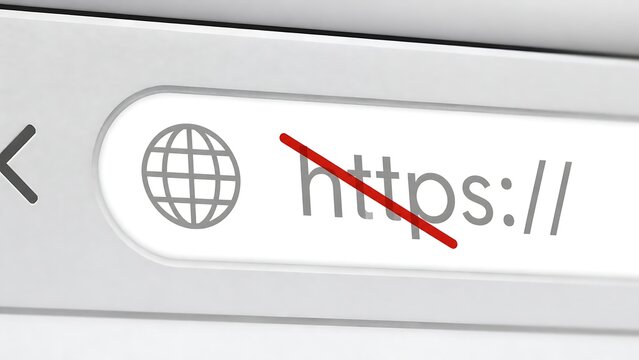 Insecure website concept with a red slash across the https protocol address bar in a web browser