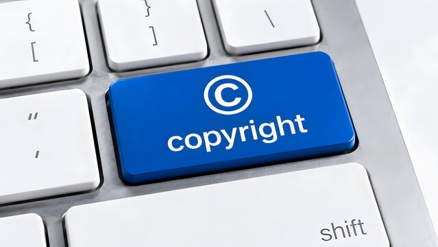 Blue keyboard key displaying copyright symbol. Concept of intellectual property protection, trademark registration, and digital rights.