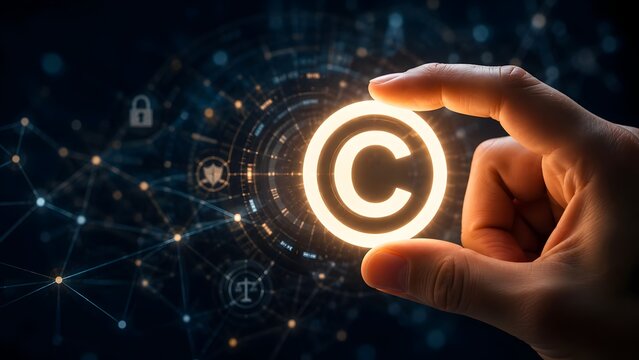 Hand holding glowing copyright symbol over digital network. Concept of online intellectual property, digital rights management, and cyber security.