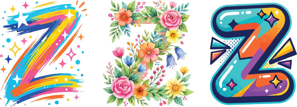 Three different styles of the letter z featuring colorful rainbow brush strokes, beautiful floral roses and flowers, and a bold vibrant pop art graffiti design