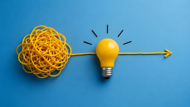 Tangled yellow yarn unwinding into glowing lightbulb arrow. Concept of creative problem solving, business innovation strategy, and mental clarity.