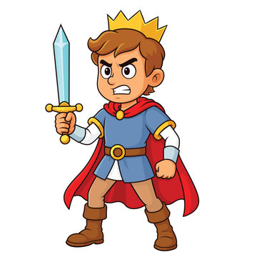 Cartoon Young Prince Holding Sword in Fighting Pose Vector Illustration