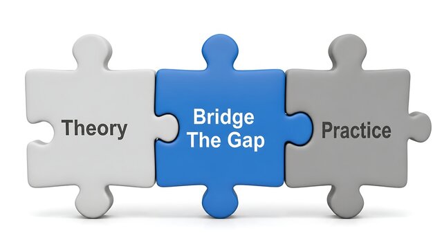 Bridge the gap concept shown through three interlocking puzzle pieces representing theory and practice.