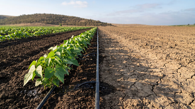 Contrast between irrigated green crops and dry cracked earth.