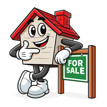 Cartoon House Mascot with For Sale Sign Vector Illustration