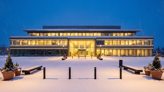 Modern office building with warmly lit windows on a snowy evening in winter