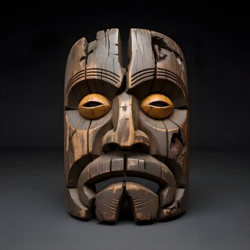 M&aacute;scara de madera tallada de estilo tribal con dise&ntilde;o r&uacute;stico y detalles expresivos sobre fondo oscuro