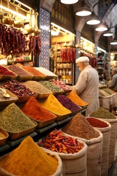 Puesto tradicional de especias orientales coloridas con sacos y montones en un mercado bullicioso