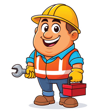 Cartoon Construction Worker Holding Wrench and Toolbox Vector Illustration
