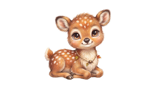 Adorable baby deer illustration, cute woodland fawn with spots on white background, whimsical forest animal character for nursery decor