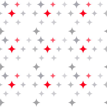 Seamless pattern of red and grey four pointed stars on a clean white background for holiday design