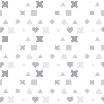 Seamless pattern with gray geometric shapes and hearts on a white background for modern minimalist textile design