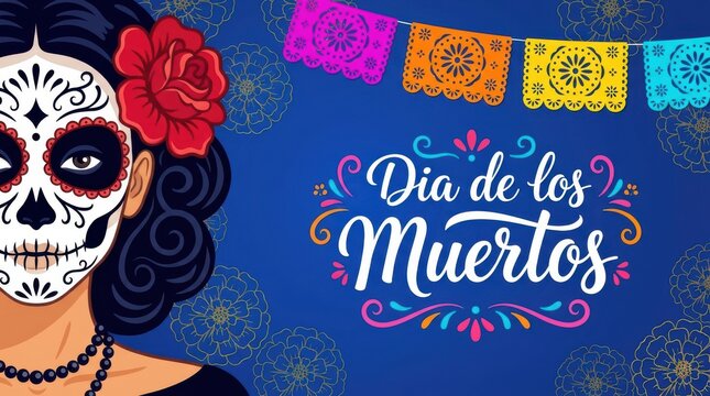 Elegant catrina woman with sugar skull makeup and red rose for dia de los muertos holiday card design project.