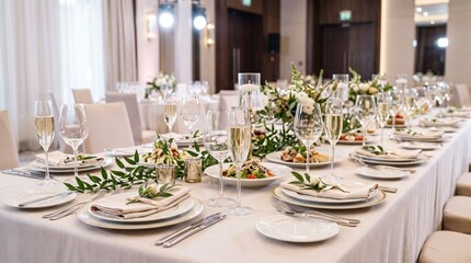 Fototapeta premium Elegant wedding reception table setting, luxury banquet hall with floral centerpieces, formal dinner party arrangement with champagne glasses
