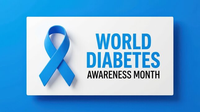 World diabetes awareness month text with blue ribbon on a white rectangular banner over light blue background.