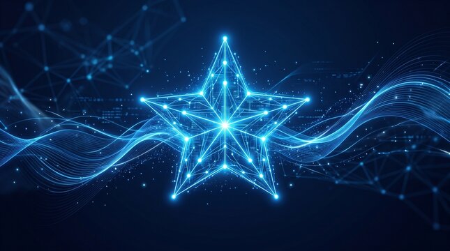Glowing digital star with plexus network lines, futuristic blue light trails, abstract technology background for success and innovation