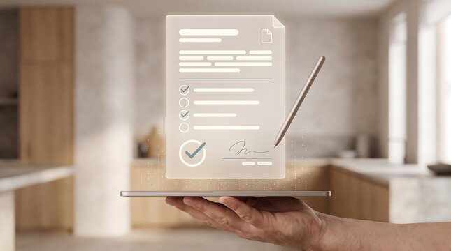 Paperless electronic agreement workflow showing digital contract checklist and virtual signature pen above tablet