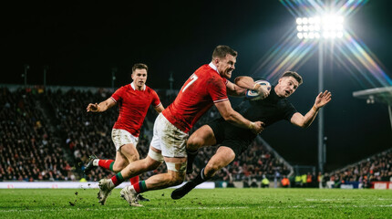 Fototapeta premium Professional Rugby Players in Intense Action During Night Match Under Stadium Lights